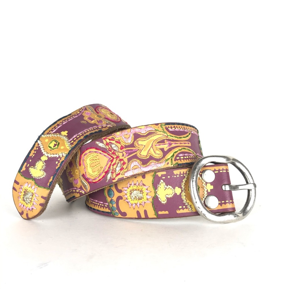 Lucky Brand floral embroidered leather belt Sz M - Picture 1 of 8